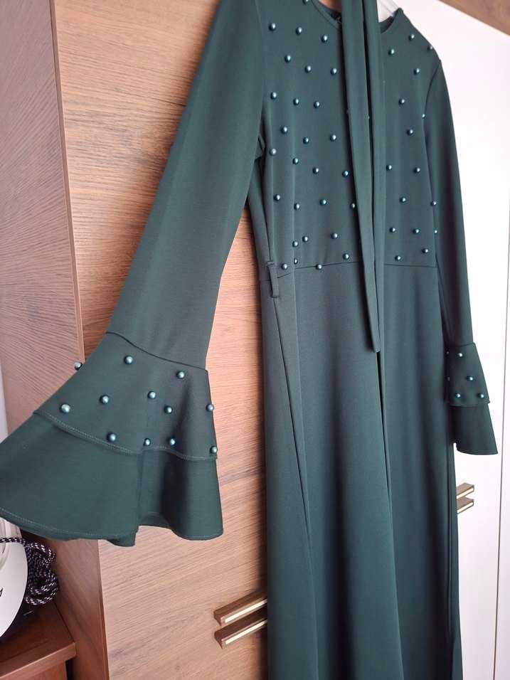 Uzun Kollu yesil  Boncuk İşlemeli Uzun Elbise - Görsel 2