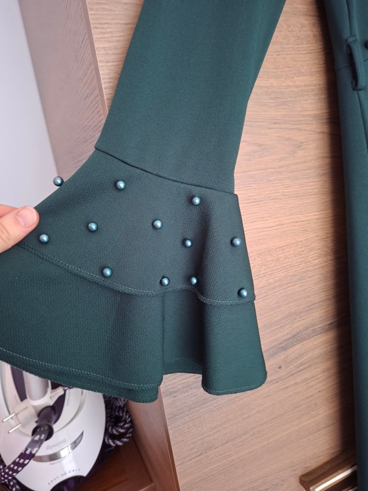 Uzun Kollu yesil  Boncuk İşlemeli Uzun Elbise - Görsel 3