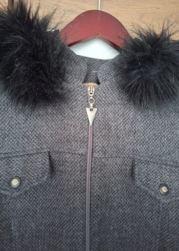 Gri Uzun Kadın Kaban Kürklü Yaka - Görsel 2