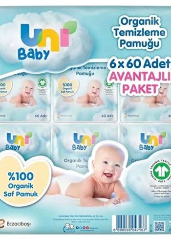 Uni Baby %100 Organik Temizleme Pamuğu 6x60 Adet