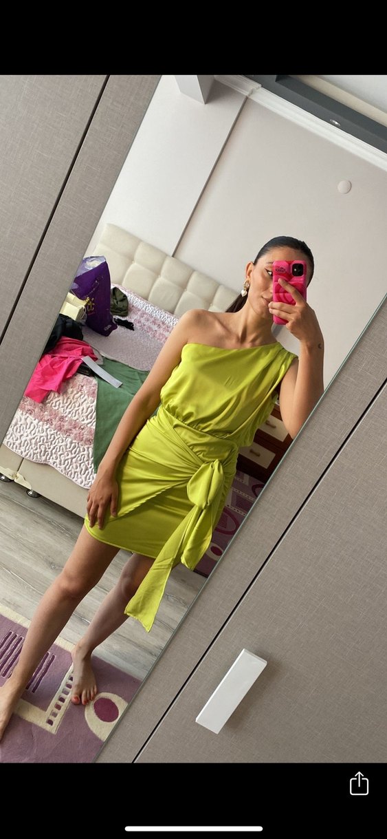 Sarı Drapeli Mini Elbise - Görsel 2