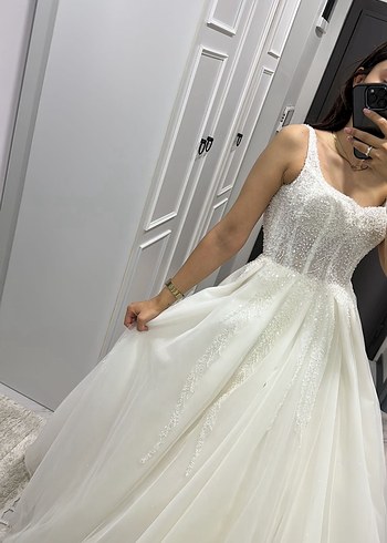 Beyaz Strappy Askılı A-Line Gelinlik - Görsel 4