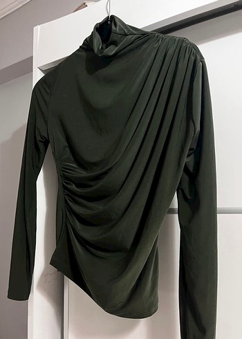 Drapeli Yüksek Yakalı Haki Yeşil Kadın Bluz - Görsel 3