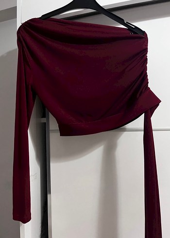 Bordo Drapeli Uzun Kollu Straplez Bluz - Görsel 2