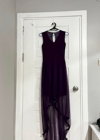 Mor Uzun V Yaka Gotik Abiye Elbise - Görsel 3