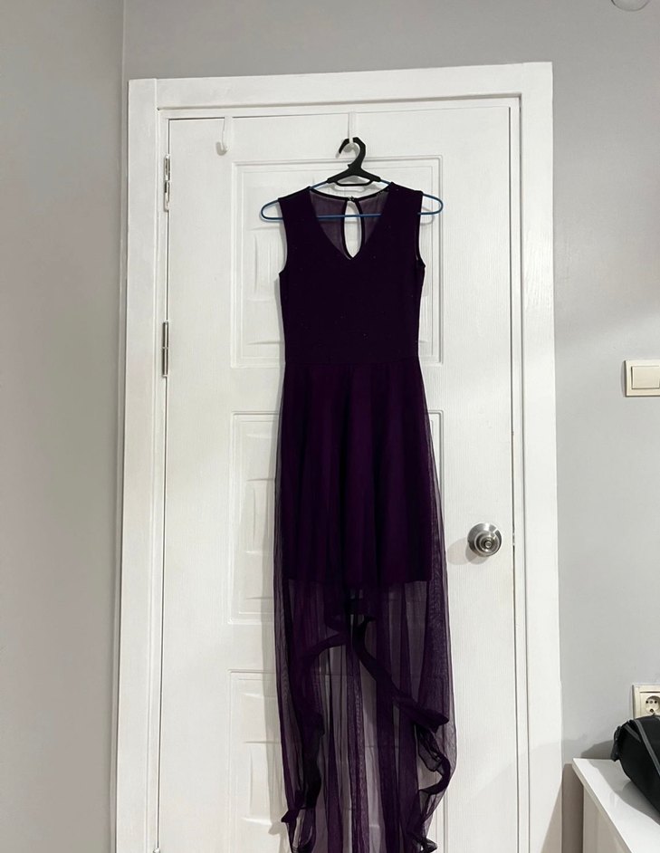 Mor Uzun V Yaka Gotik Abiye Elbise - Görsel 3