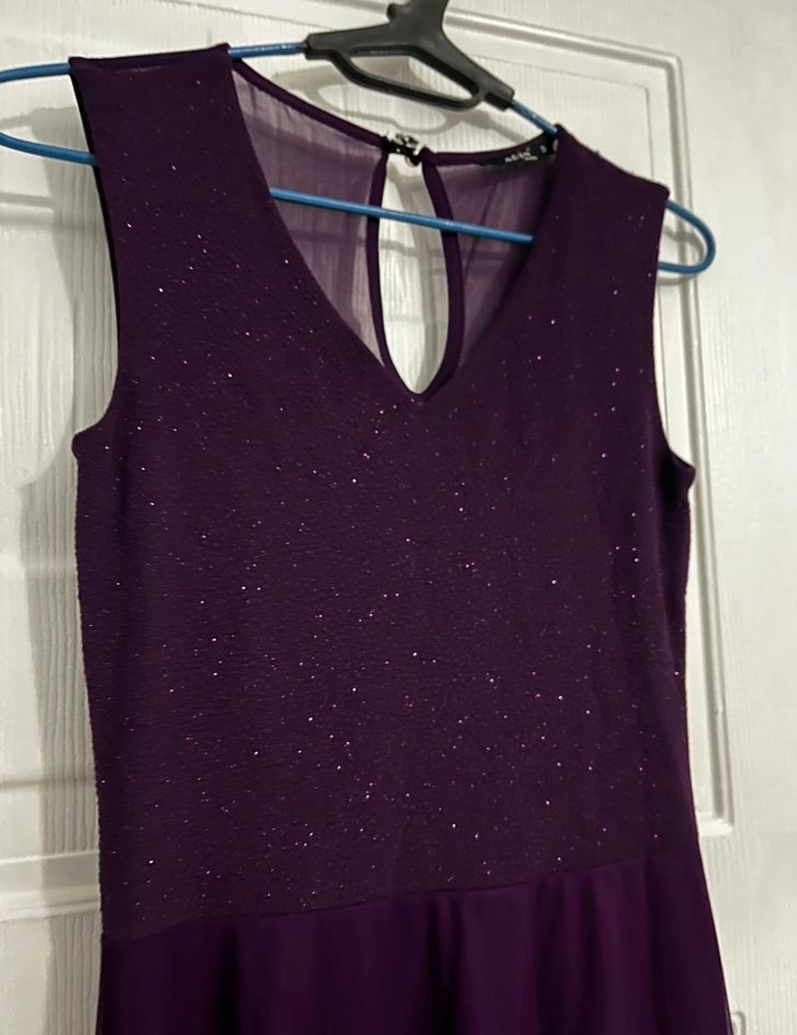 Mor Uzun V Yaka Gotik Abiye Elbise - Görsel 4