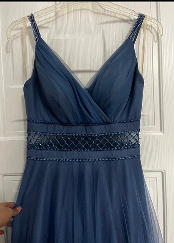 Lacivert V Yakalı Uzun Abiye Elbise - Görsel 2