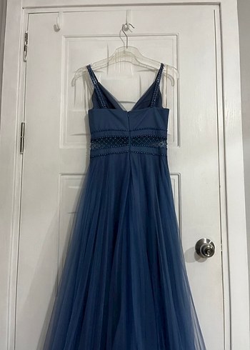 Lacivert V Yakalı Uzun Abiye Elbise - Görsel 3