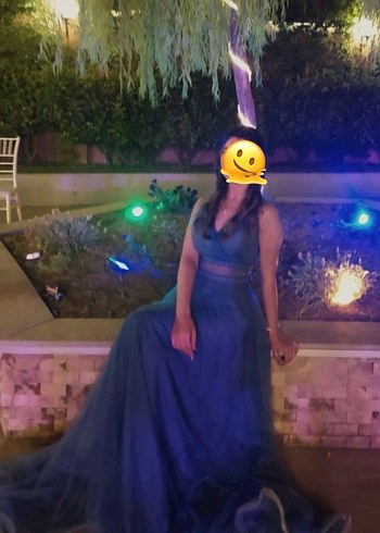 Lacivert V Yakalı Uzun Abiye Elbise - Görsel 5