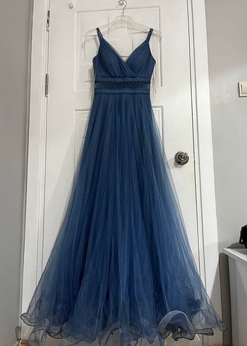 Lacivert V Yakalı Uzun Abiye Elbise - Görsel 4