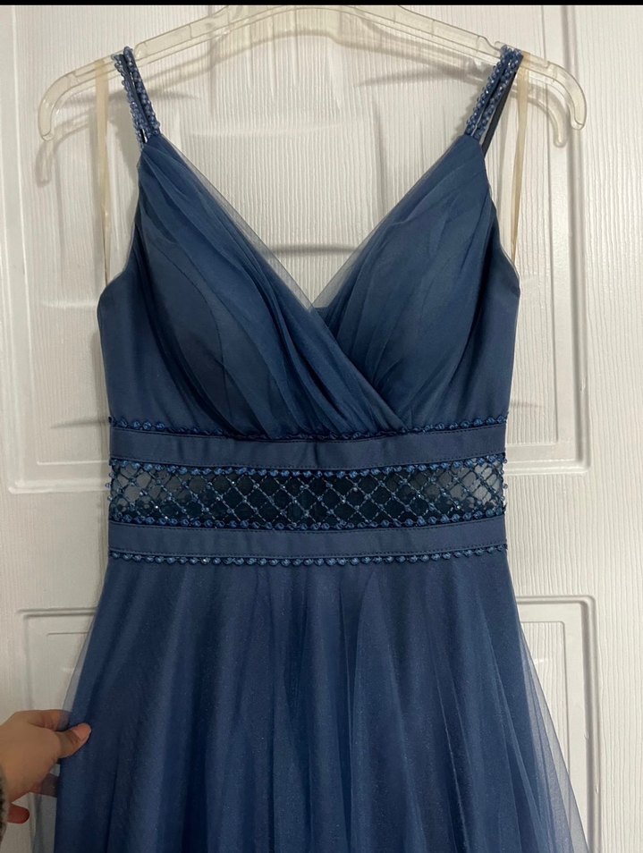 Lacivert V Yakalı Uzun Abiye Elbise - Görsel 2