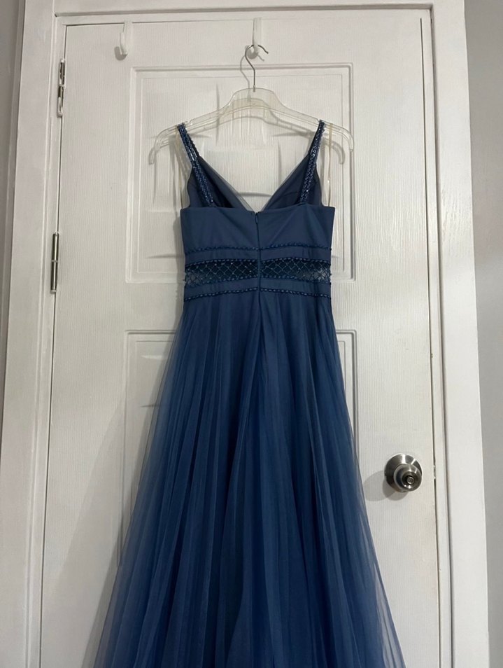 Lacivert V Yakalı Uzun Abiye Elbise - Görsel 3