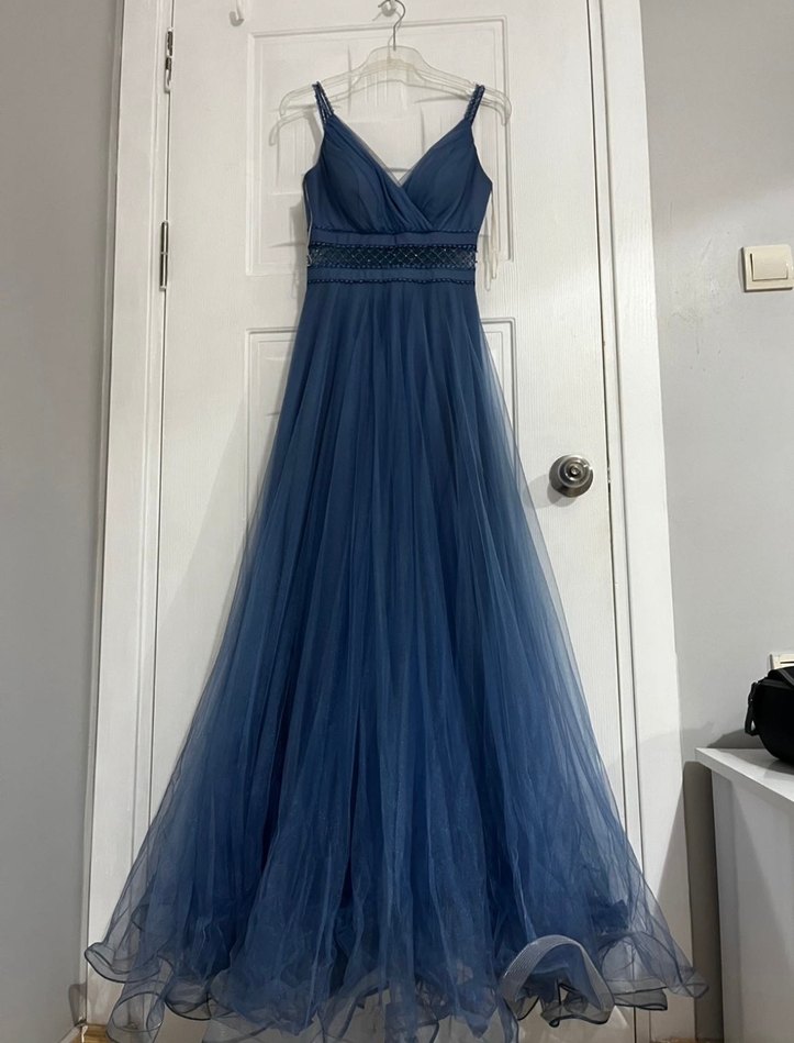 Lacivert V Yakalı Uzun Abiye Elbise - Görsel 4