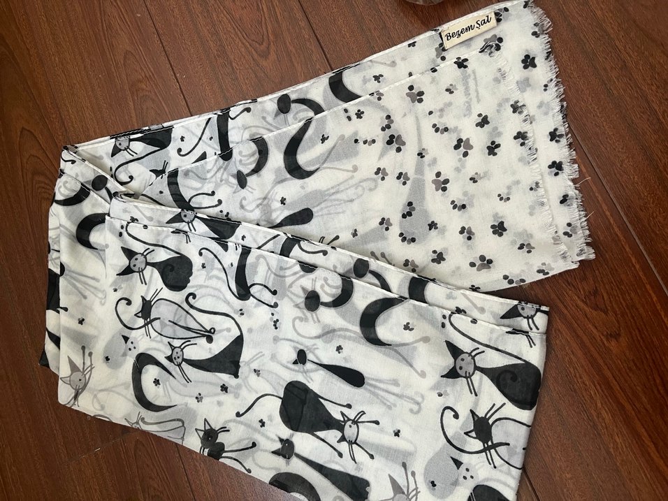 Bohem Gri Kedi Desenli Kadın ipek Şal - Görsel 2