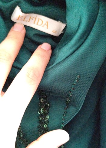 Uzun Kollu zümrütyeşili Nakışlı Abiye Elbise - Görsel 4