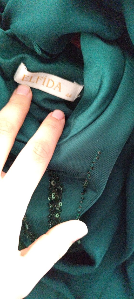 Uzun Kollu zümrütyeşili Nakışlı Abiye Elbise - Görsel 4