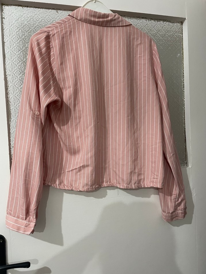 Pembe Çizgili Kısa Kesim Kadın Gömlek - Görsel 2