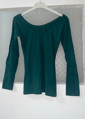 Uzun Kollu, Yuvarlak Yaka zümrüt yeşili Kadın Tişört - Görsel 2