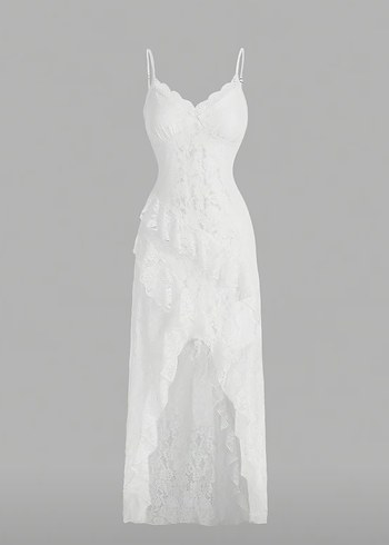 İnce Askılı Beyaz Dantel Uzun Elbise - Görsel 4