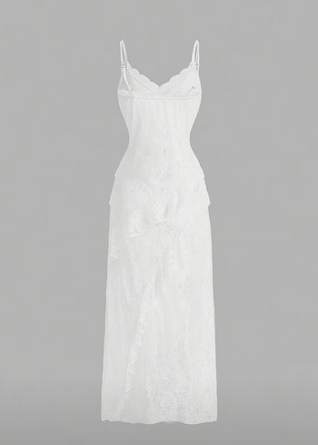 İnce Askılı Beyaz Dantel Uzun Elbise - Görsel 3