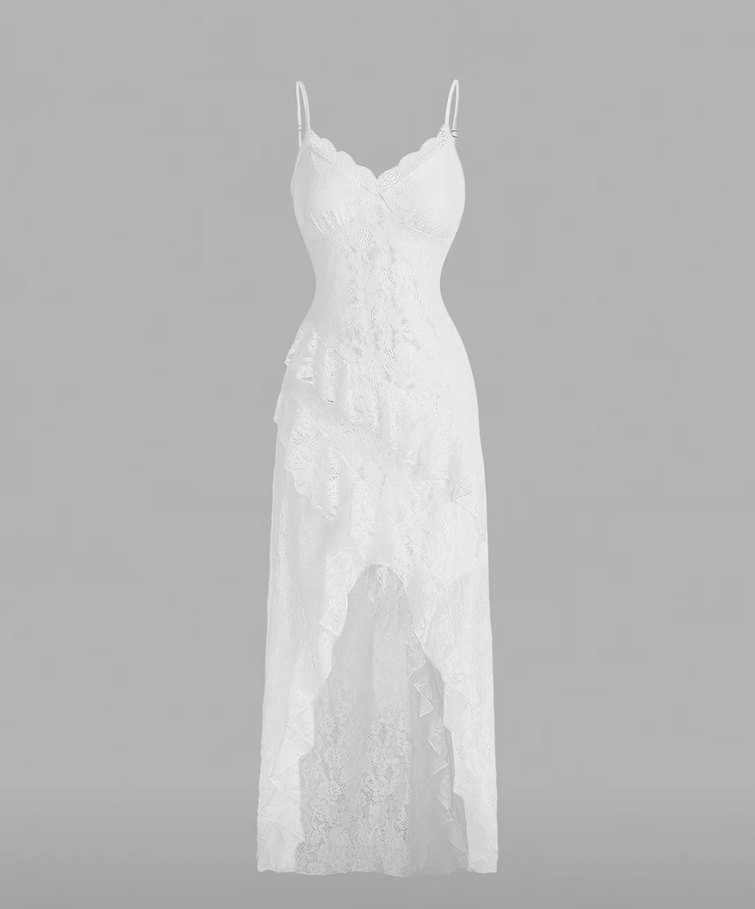 İnce Askılı Beyaz Dantel Uzun Elbise - Görsel 4
