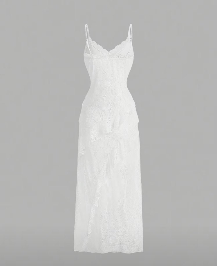 İnce Askılı Beyaz Dantel Uzun Elbise - Görsel 3