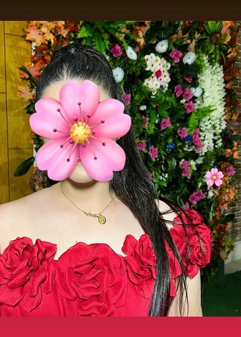 Kırmızı Uzun Straplez Çiçekli abiye - Görsel 3