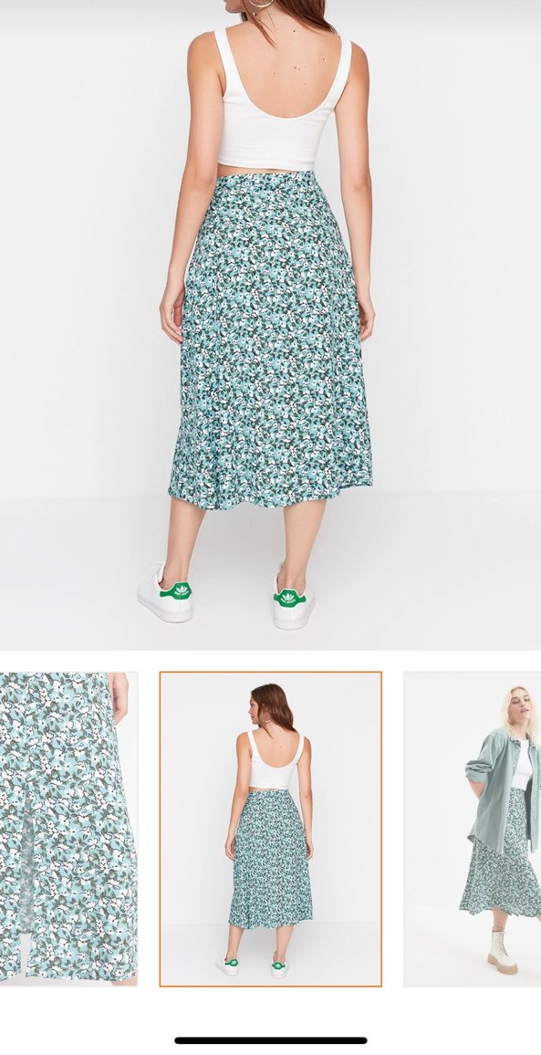 Turkuaz Bağlama Desenli Uzun Midi Etek - Görsel 3
