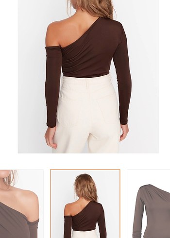 Tek Omuzlu, Uzun Kollu Kahverengi Bluz - Görsel 2