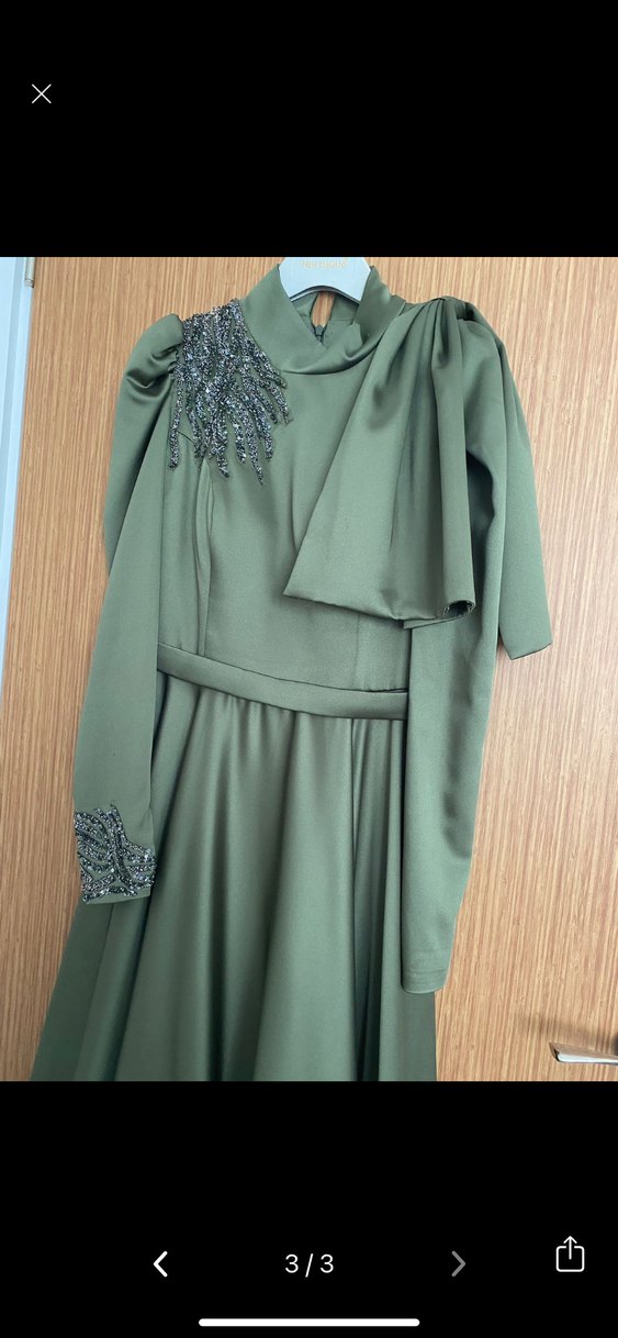 Kadın Haki Uzun Abiye Elbise - Görsel 3