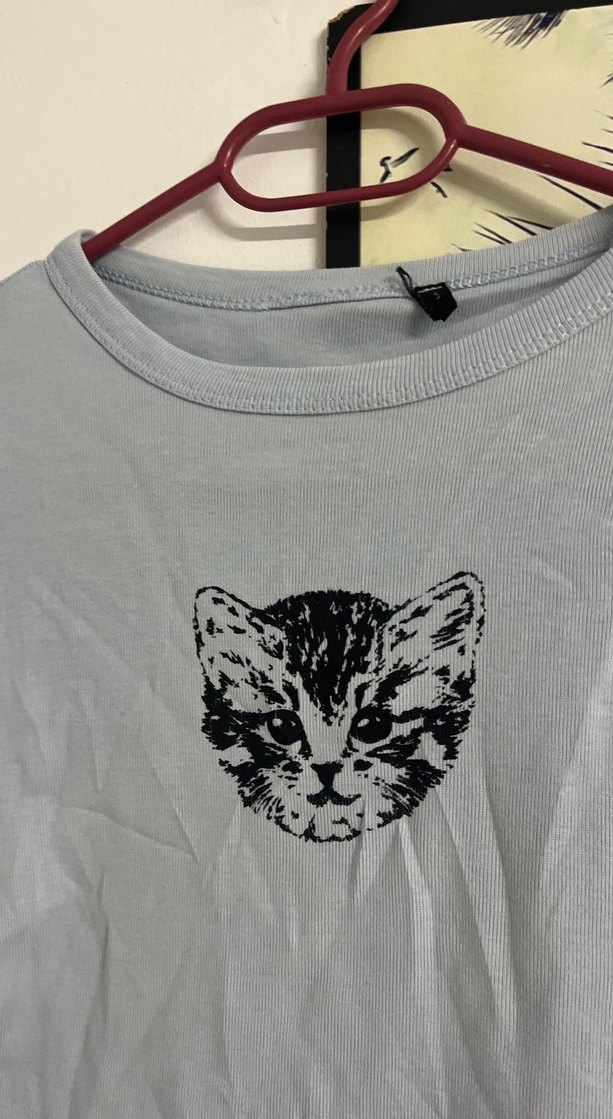 Gri Kedi Baskılı Sokak Stili Tişört - Görsel 2