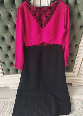 Düğmeli Uzun Kollu kırmızı Siyah Elbise - Görsel 5