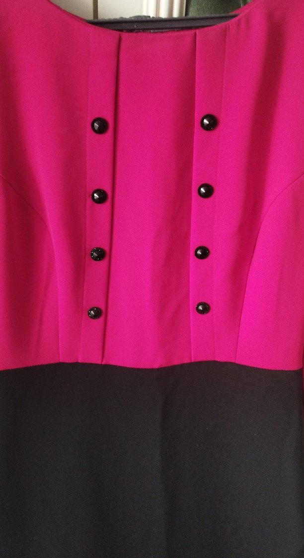 Düğmeli Uzun Kollu kırmızı Siyah Elbise - Görsel 3