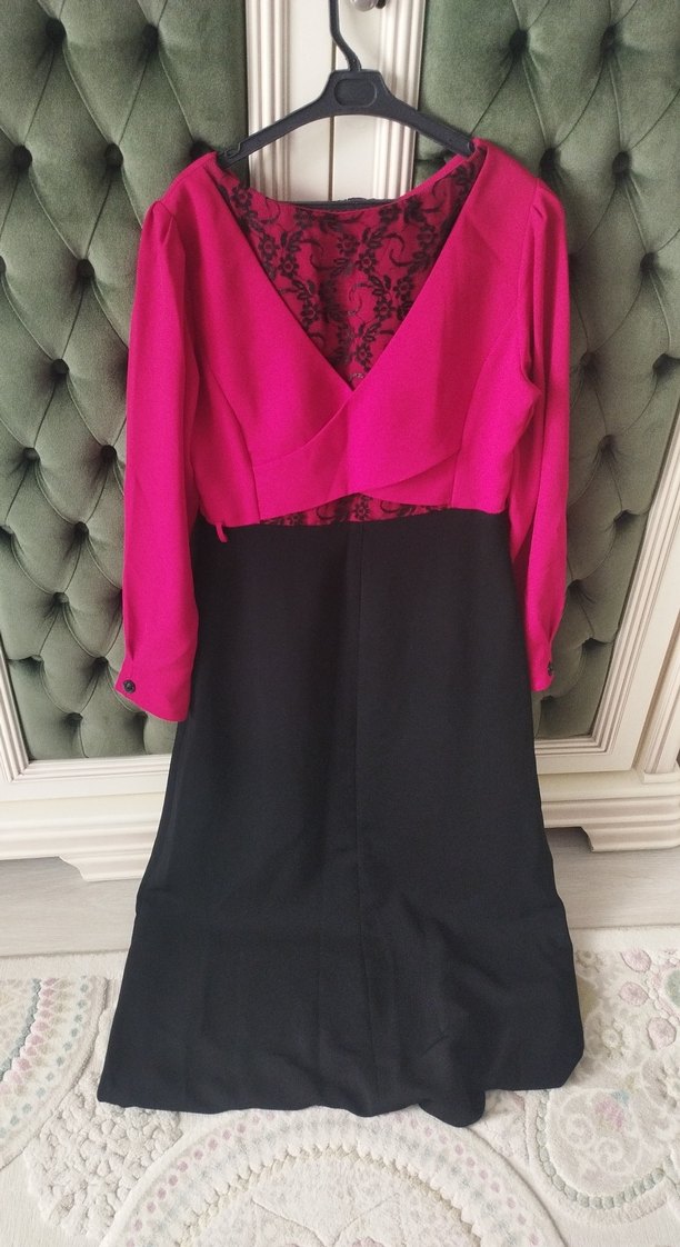 Düğmeli Uzun Kollu kırmızı Siyah Elbise - Görsel 5