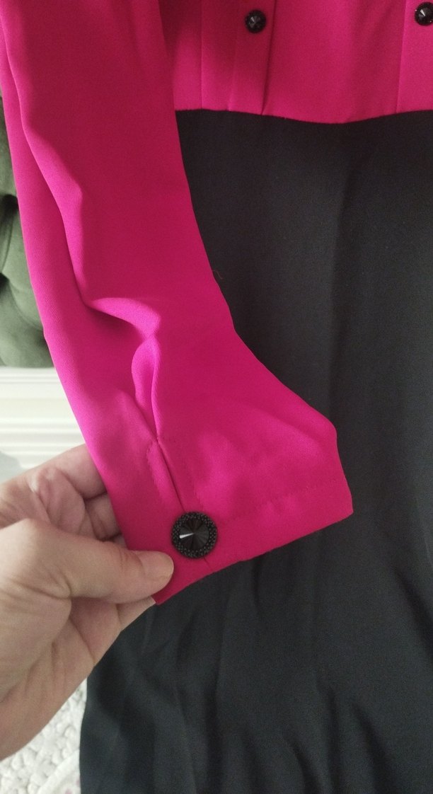 Düğmeli Uzun Kollu kırmızı Siyah Elbise - Görsel 4