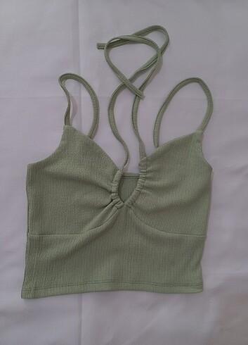 Göğüs Detaylı Askılı Mint Yeşili Crop Body 