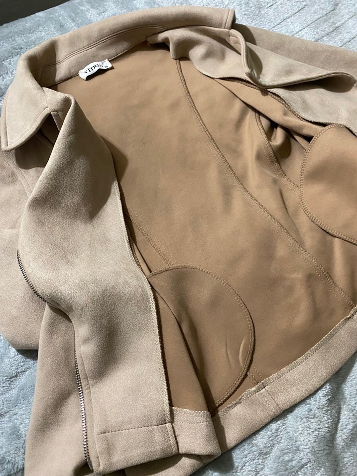 Bej Süet Kadın Fermuarlı Deri Ceket - Görsel 3