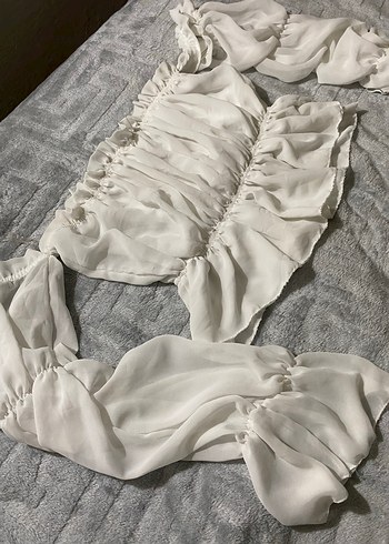 Volanlı Keten Straplez Bluz madonna yaka - Görsel 2