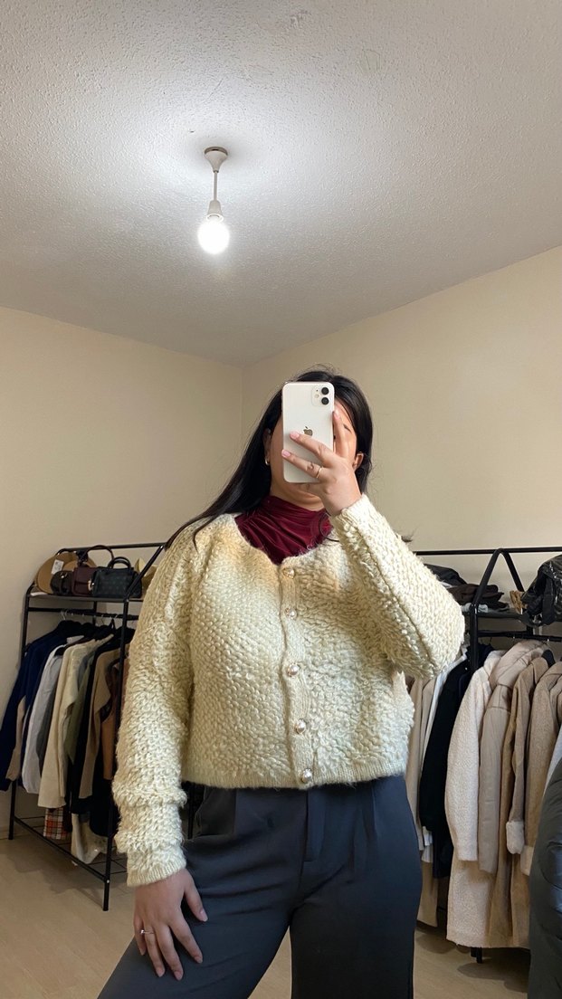 Beyaz Örgü Kısa Kadın Hırka - Görsel 2