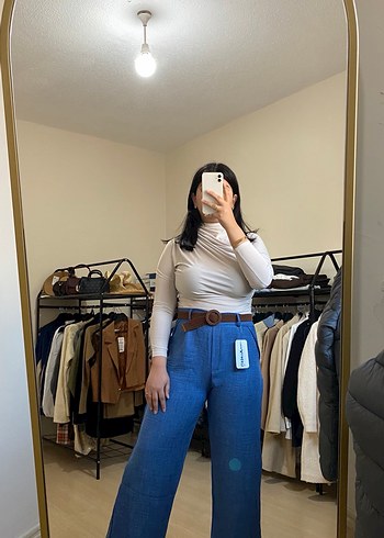 Kadın Mavi Bağlamalı Bol Kesim Pantolon - Görsel 2