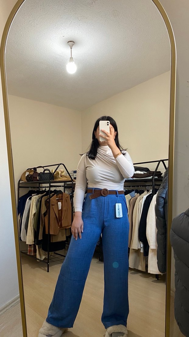 Kadın Mavi Bağlamalı Bol Kesim Pantolon - Görsel 2