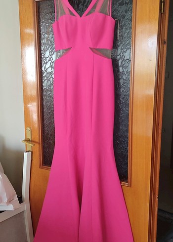 Parlak Pembe V Yaka Uzun Abiye Elbise