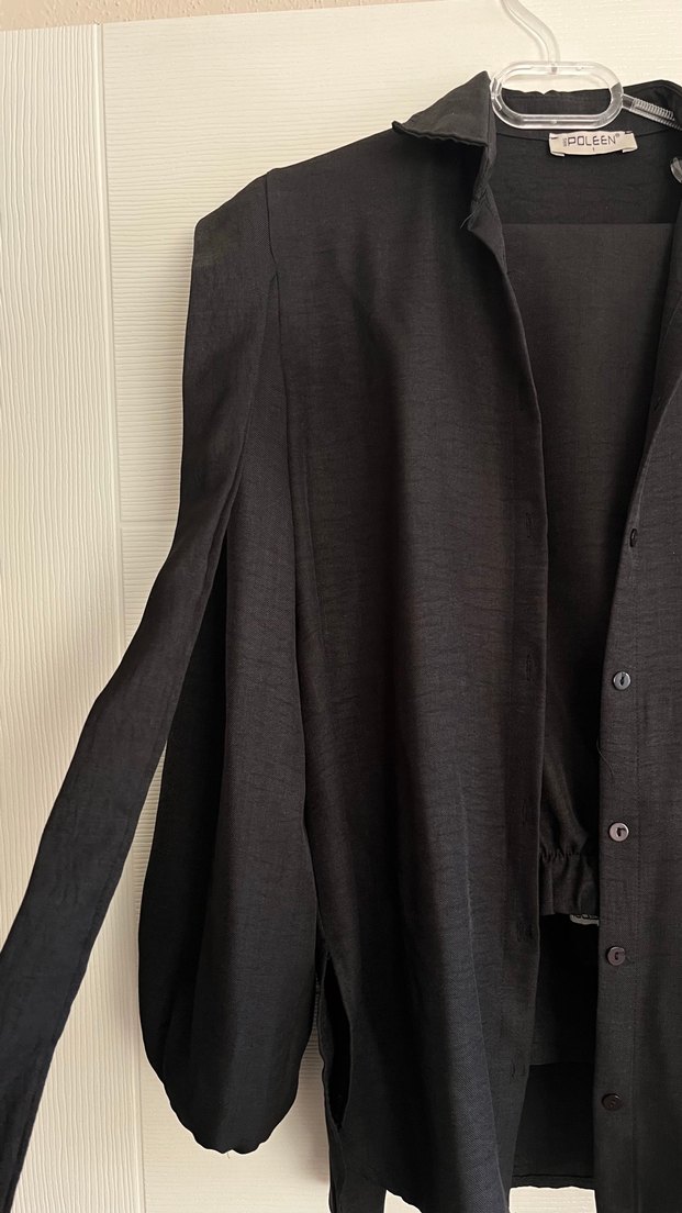 Düz Siyah Kemerli Kadın Uzun Takım Elbise - Görsel 3