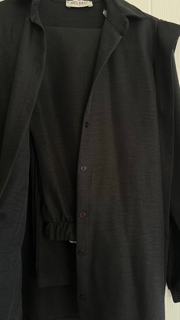 Düz Siyah Kemerli Kadın Uzun Takım Elbise - Görsel 2