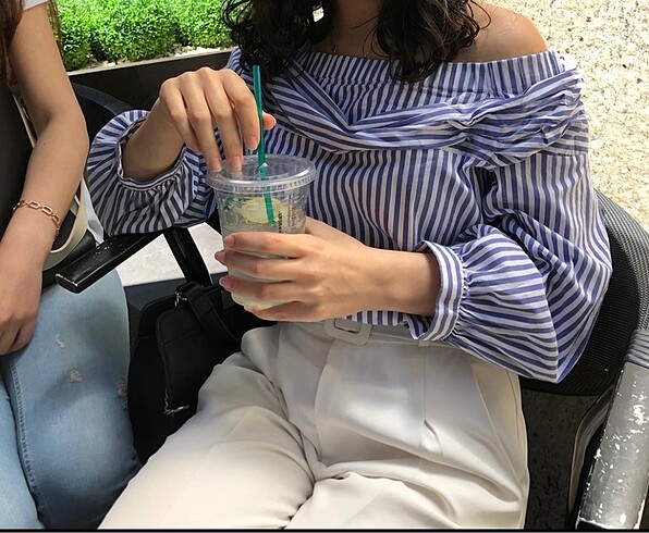 Zara çizgili düşük omuz gömlek üst