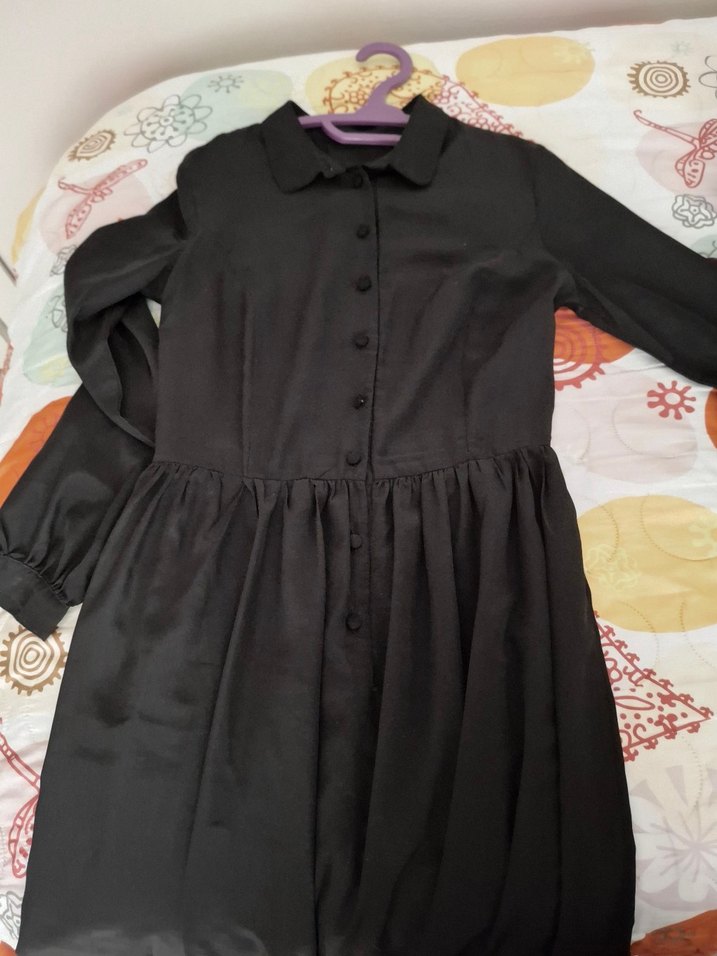 Siyah Uzun Kollu Düğmeli Gotik Elbise - Görsel 2