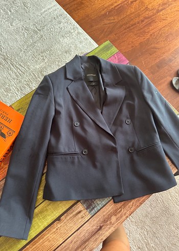 Düğmeli koyu lacivert Kadın Mini Blazer - Görsel 4