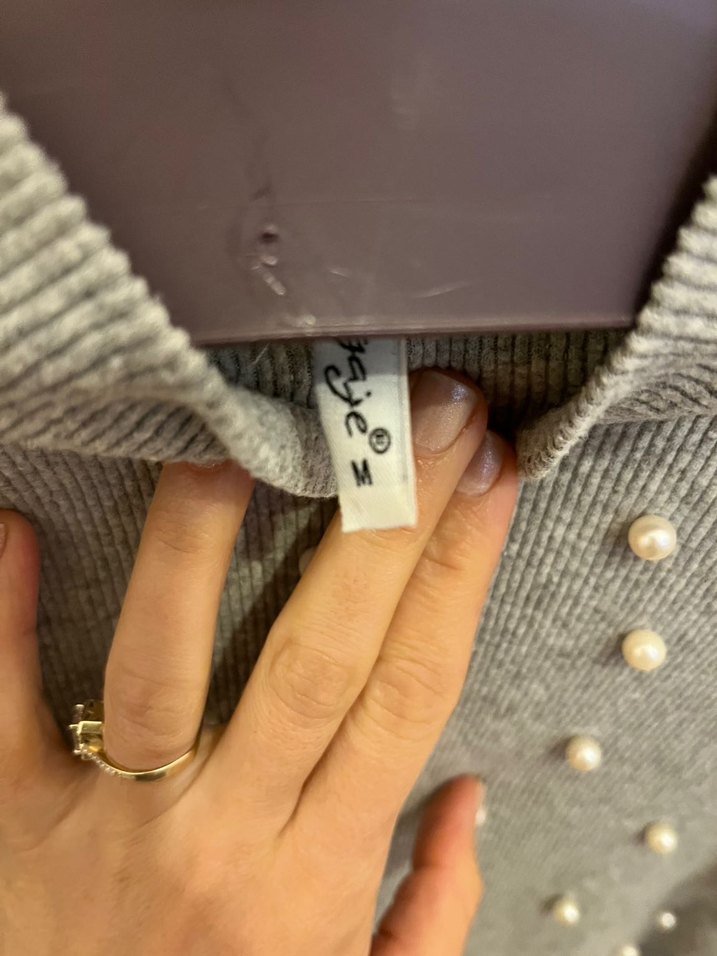 İnci Detaylı Gri Boğazlı Triko elbise - Görsel 2