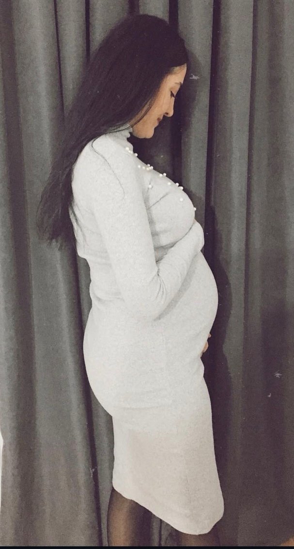 İnci Detaylı Gri Boğazlı Triko elbise - Görsel 4